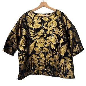 Bryn Walker Yael Folie D' Oro Gold Metallic Floral Jacquard Top Black USA Small